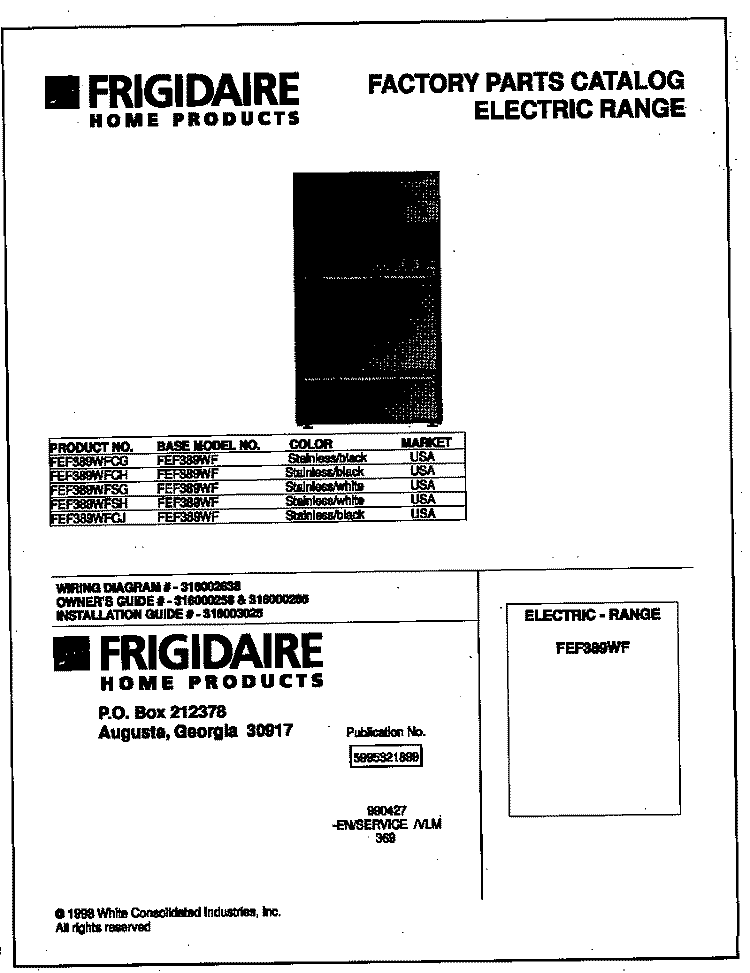 COVER Diagram and Parts List for FEF389WFCG  Frigidaire Range
