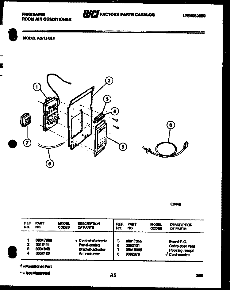 CONTROL PANEL Diagram and Parts List for A07LH8L1  Frigidaire Air Conditioner