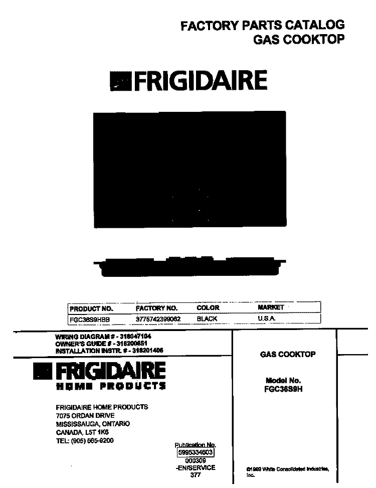 COVER Diagram and Parts List for FGC36S9HBB  Frigidaire Cooktop