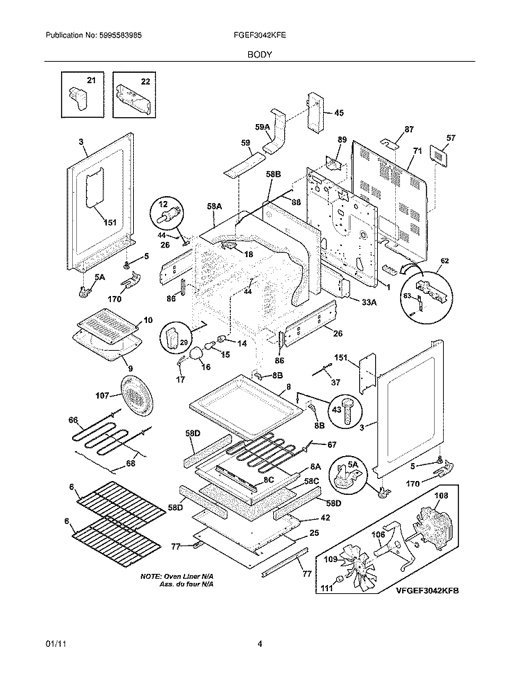 BODY Diagram and Parts List for FGEF3042KFE  Frigidaire Range