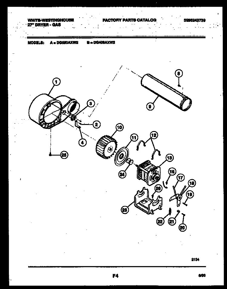 BLOWER AND DRIVE PARTS Diagram and Parts List for DG400AXW2  Frigidaire Dryer