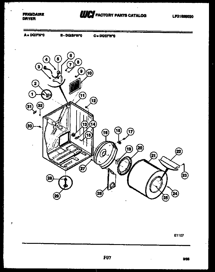 CABINET AND COMPONENT PARTS Diagram and Parts List for DGSFL0  Frigidaire Dryer