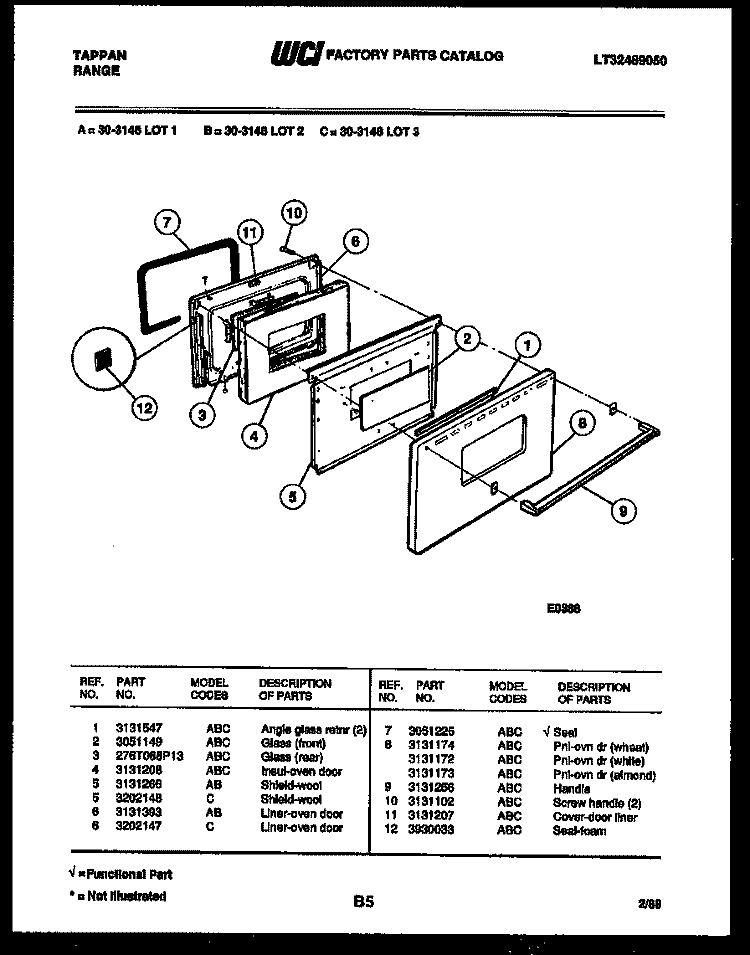 DOOR PARTS Diagram and Parts List for 30-3148-00-02  Tappan Range