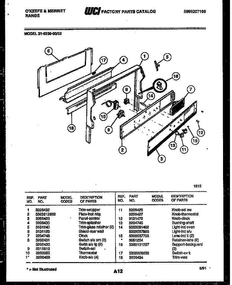BACKGUARD Diagram and Parts List for 31-6239-00-02  Tappan Range