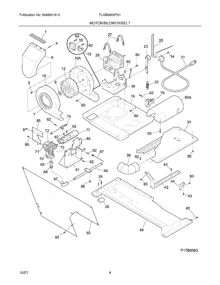 MOTOR / BLOWER / BELT Diagram and Parts List for FLGB8200FS1  Frigidaire Washer Dryer Combo