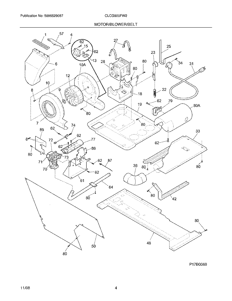 MOTOR/BLOWER/BELT Diagram and Parts List for CLCG900FW2  Crosley Washer Dryer Combo