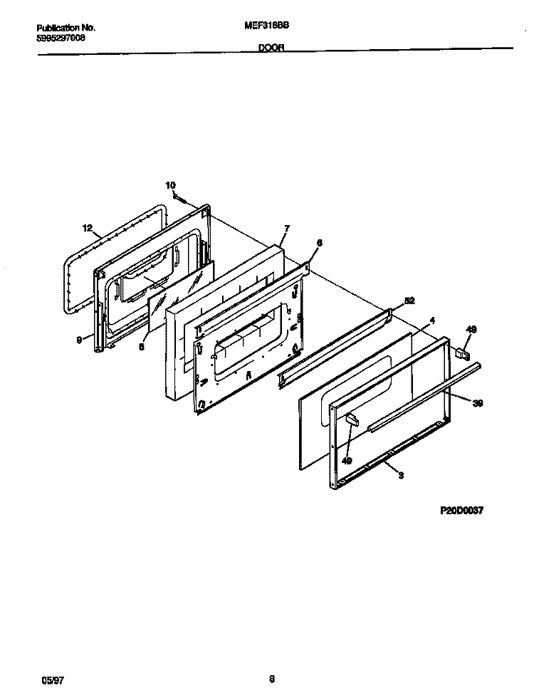 DOOR Diagram and Parts List for MEF318BBWF  Frigidaire Range
