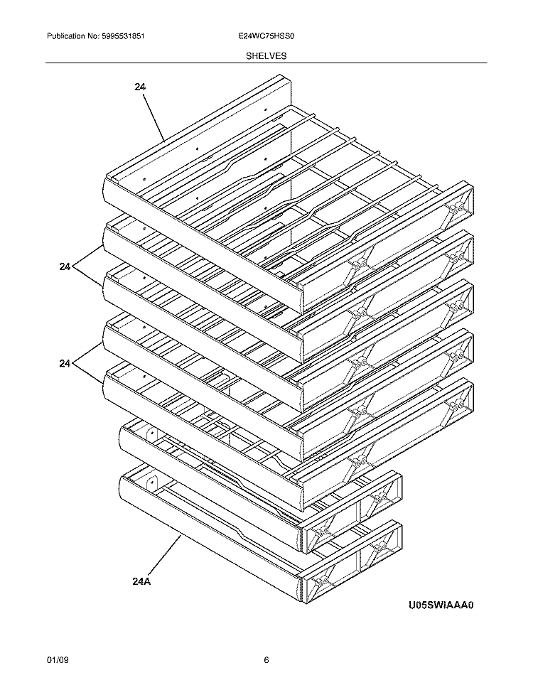 SHELVES Diagram and Parts List for E24WC75HSS0  Electrolux Wine and Beverage Cooler