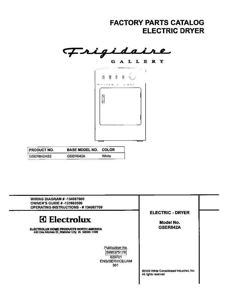 COVER Diagram and Parts List for GSER642AS2  Frigidaire Dryer