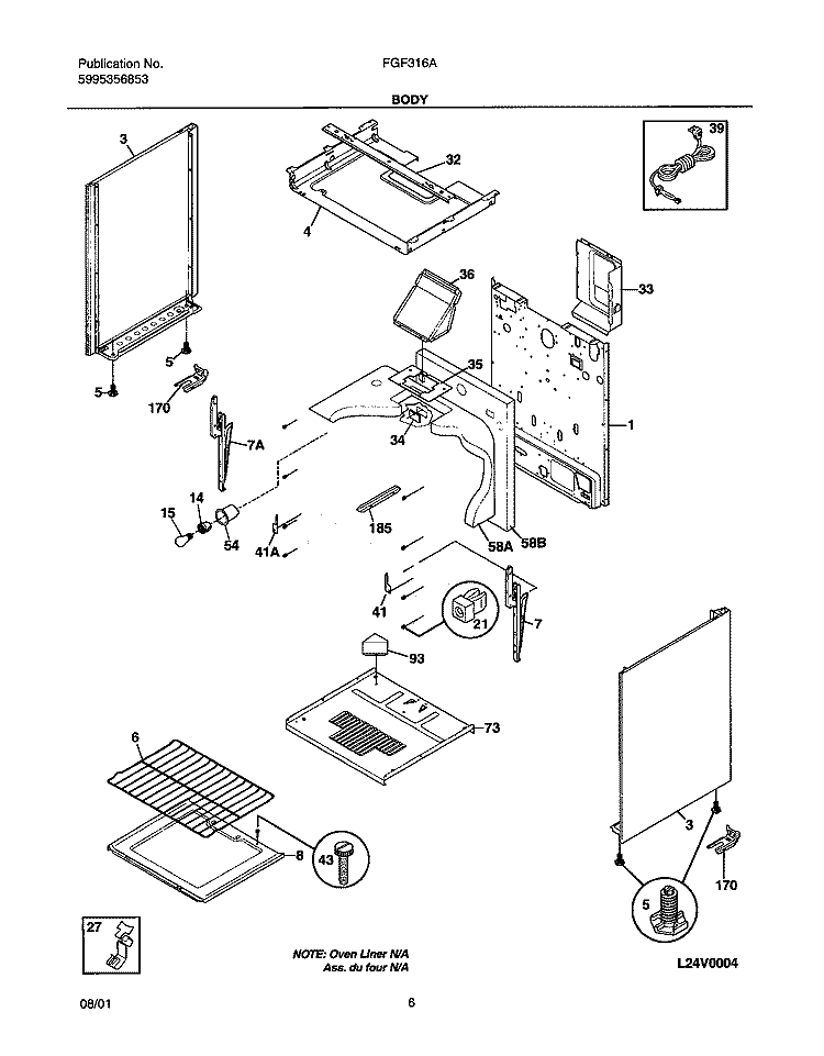 BODY Diagram and Parts List for FGF316AQA  Frigidaire Range