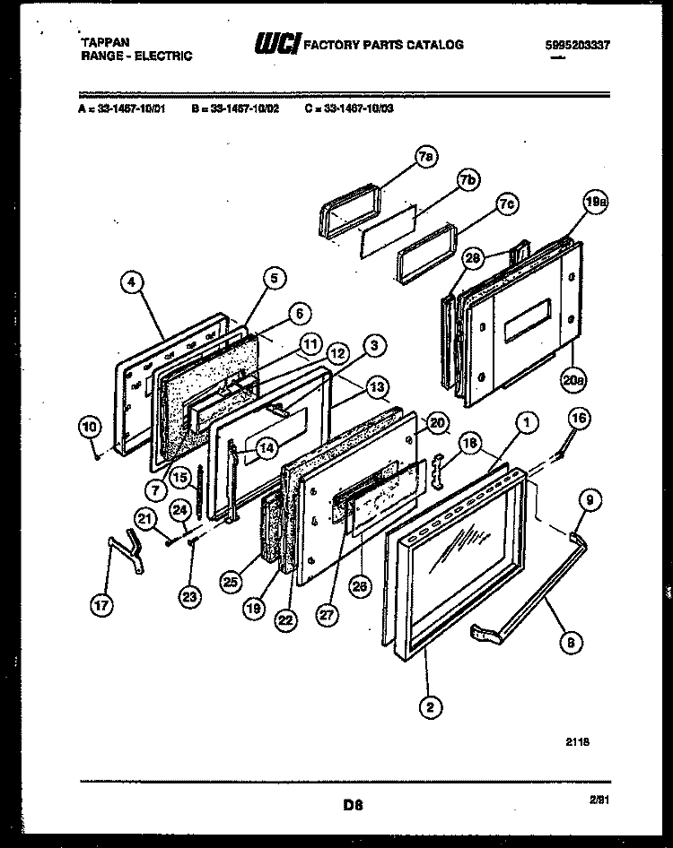 DOOR PARTS Diagram and Parts List for 33-1467-00-03  Tappan Range