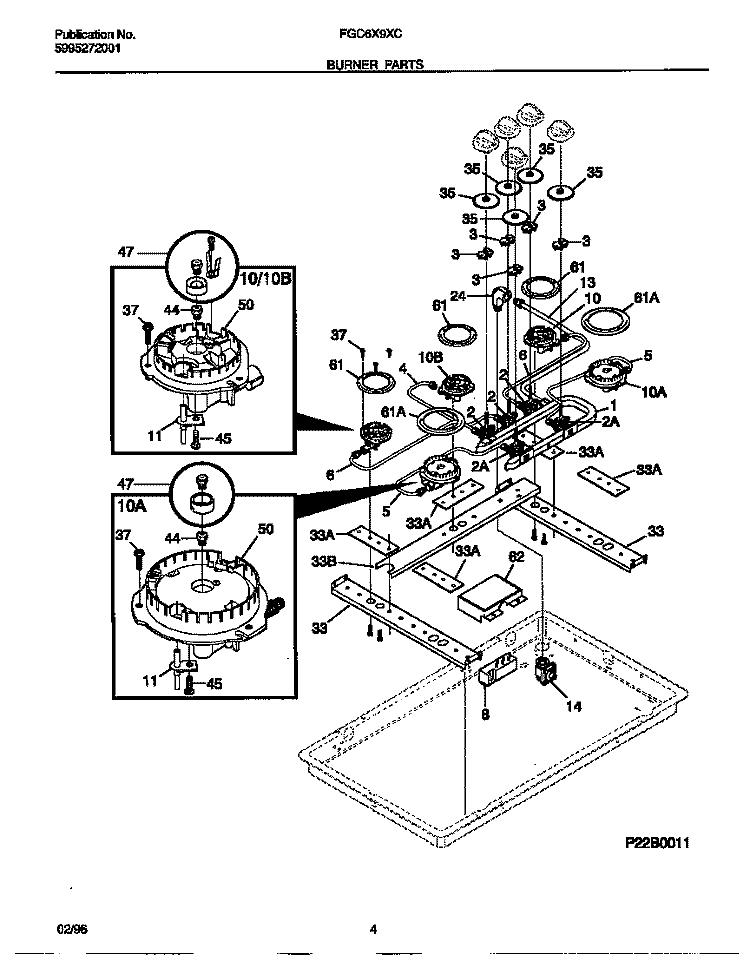 BURNER PARTS Diagram and Parts List for FGC6X9XCBA  Frigidaire Cooktop