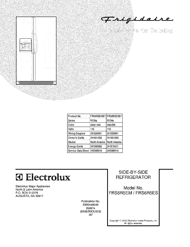 COVER Diagram and Parts List for FRS6R5ESB7  Frigidaire Refrigerator