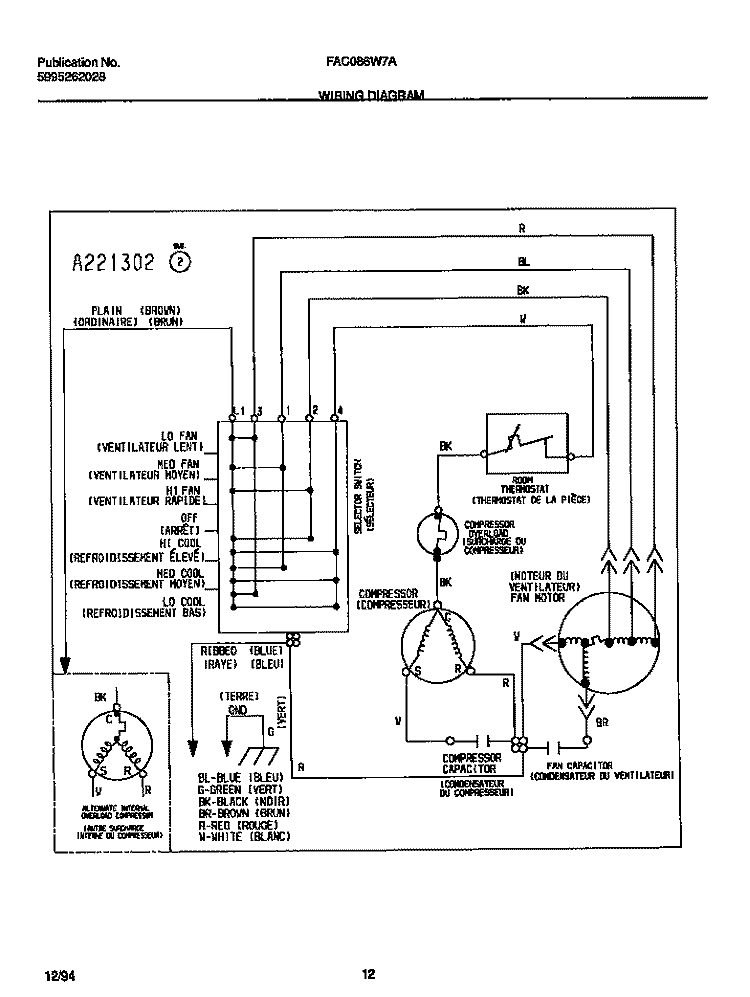 WIRING DIAGRAM Diagram and Parts List for FAC086W7A1  Frigidaire Air Conditioner