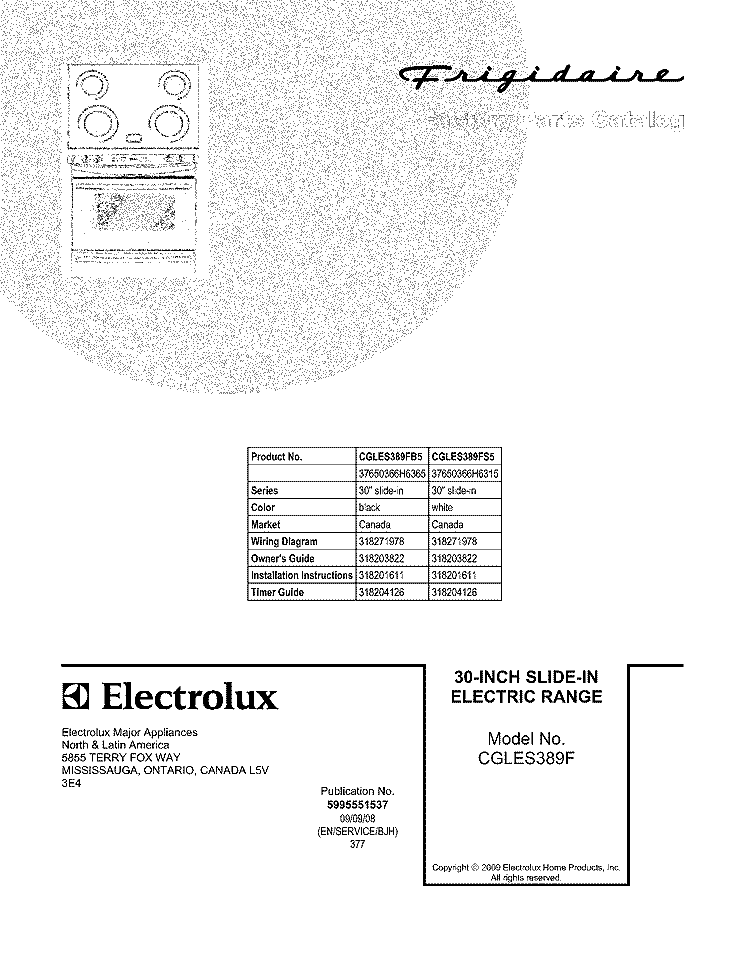 COVER Diagram and Parts List for CGLES389FS5  Frigidaire Range