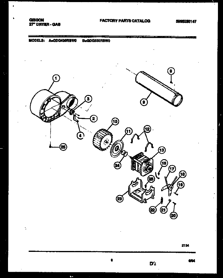 BLOWER AND DRIVE PARTS Diagram and Parts List for GDG436RBW0  Gibson Dryer