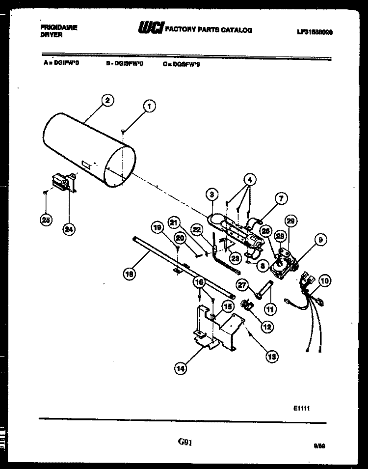 BURNER, IGNITER AND VALVE Diagram and Parts List for DGSFL0  Frigidaire Dryer