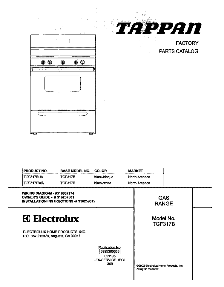 COVER Diagram and Parts List for TGF317BUA  Tappan Range