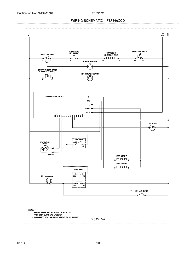 WIRING SCHEMATIC Diagram and Parts List for FEF366CCE  Frigidaire Range