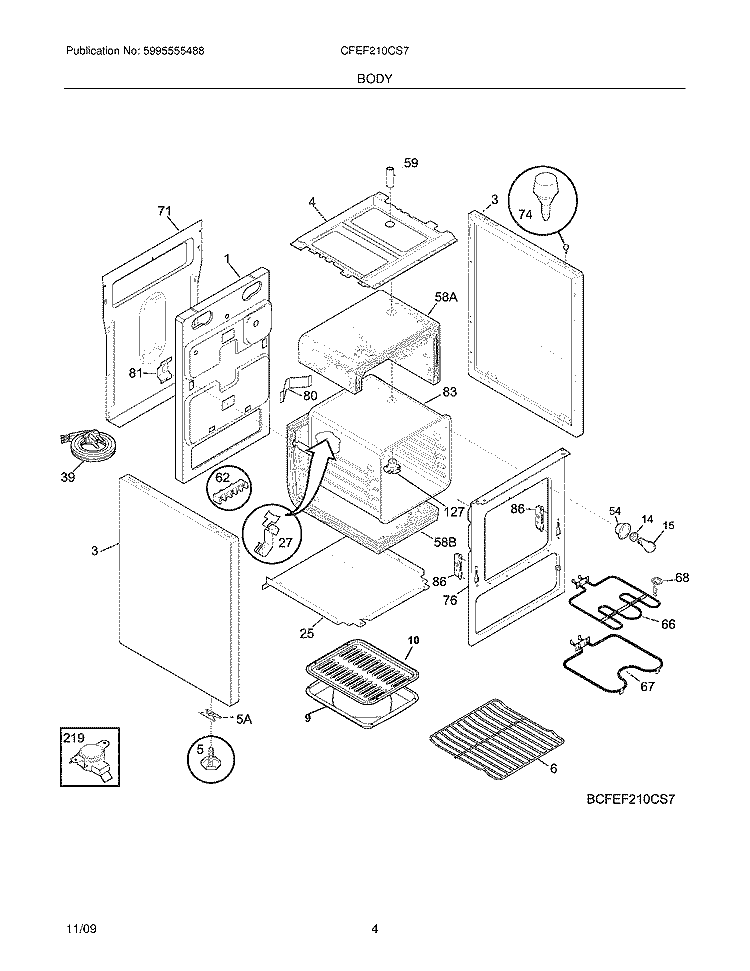 BODY Diagram and Parts List for CFEF210CS7  Frigidaire Range