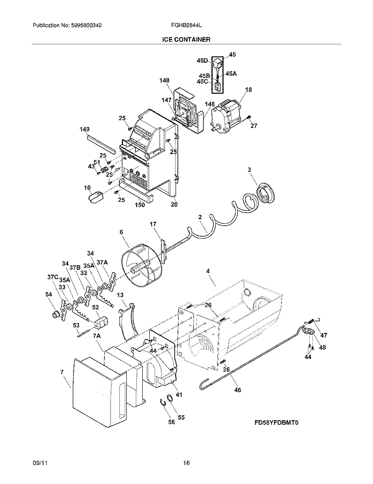 ICE CONTAINER Diagram and Parts List for FGHB2844LE7  Frigidaire Refrigerator