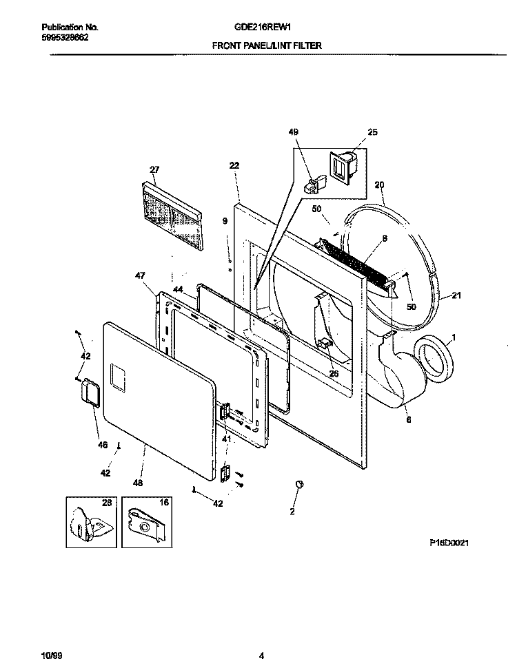 P16D0021 FRNT PNL, DOOR Diagram and Parts List for GDE216REW1  Gibson Dryer