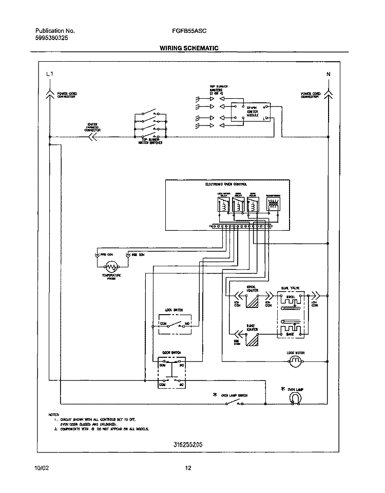 WIRING SCHEMATIC Diagram and Parts List for FGFB55ASC  Frigidaire Range