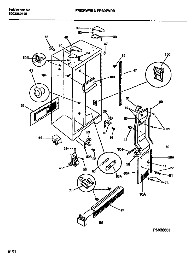 CABINET, LIGHT SHIELDS, MULLION Diagram and Parts List for FRS26WRBD1  Frigidaire Refrigerator