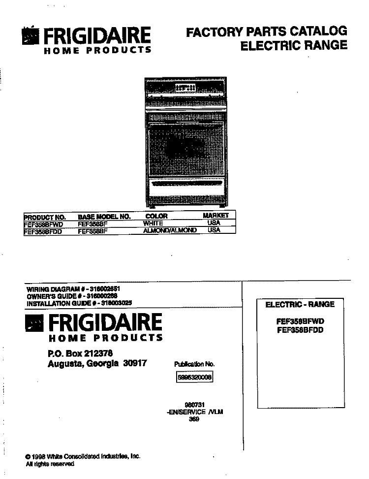 COVER Diagram and Parts List for FEF358BFWD  Frigidaire Range
