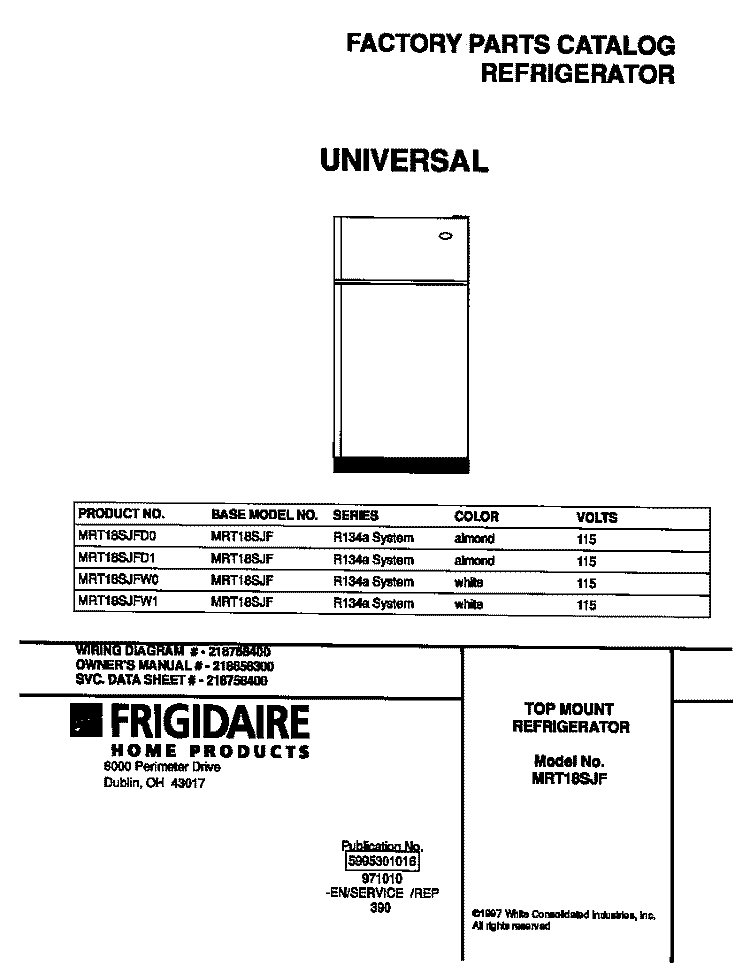 COVER Diagram and Parts List for MRT18SJFD1  Frigidaire Refrigerator
