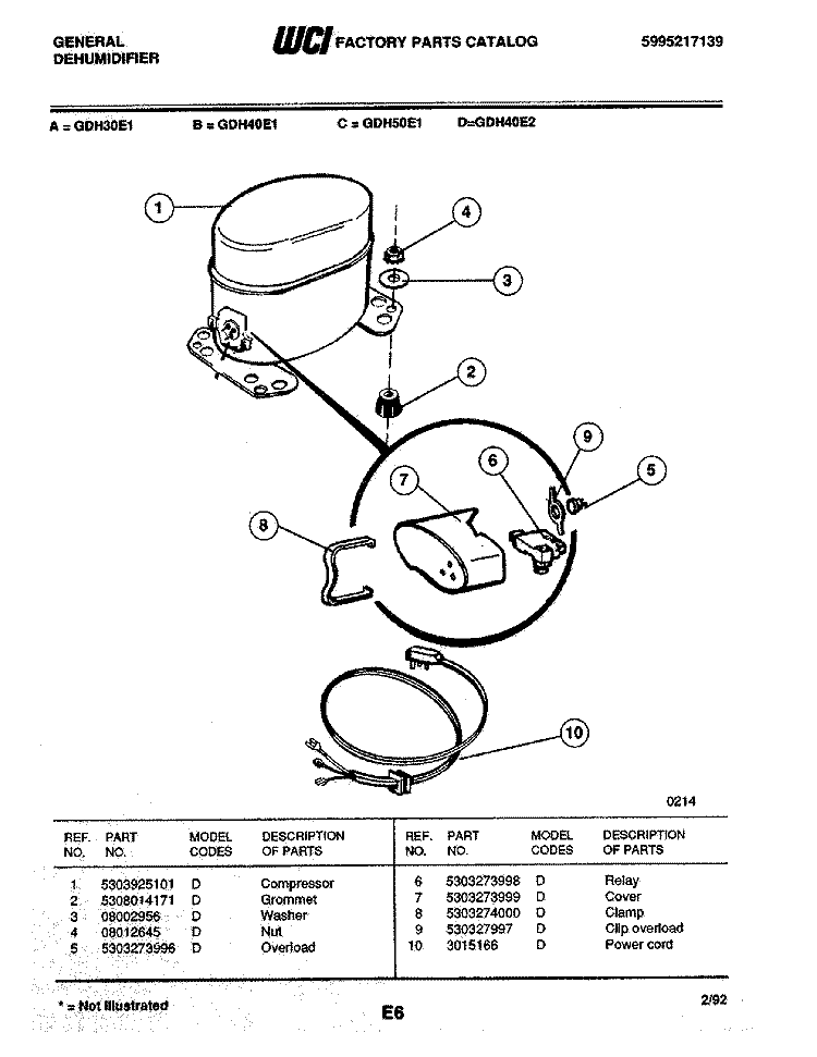 COMPRESSOR Diagram and Parts List for GDH40E2  Frigidaire Dehumidifier
