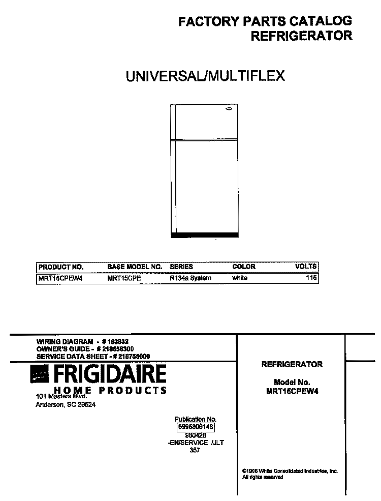 COVER Diagram and Parts List for MRT15CPEW4  Frigidaire Refrigerator