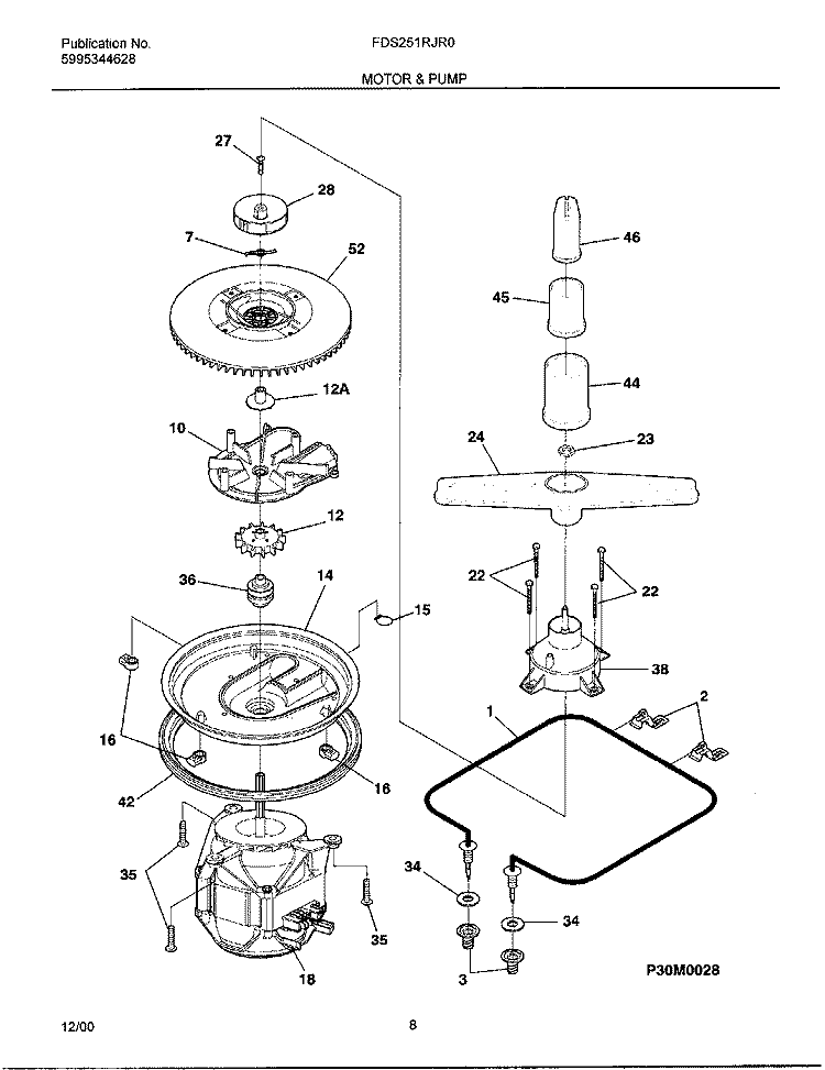 MOTOR & PUMP Diagram and Parts List for FDS251RJR0  Frigidaire Dishwasher