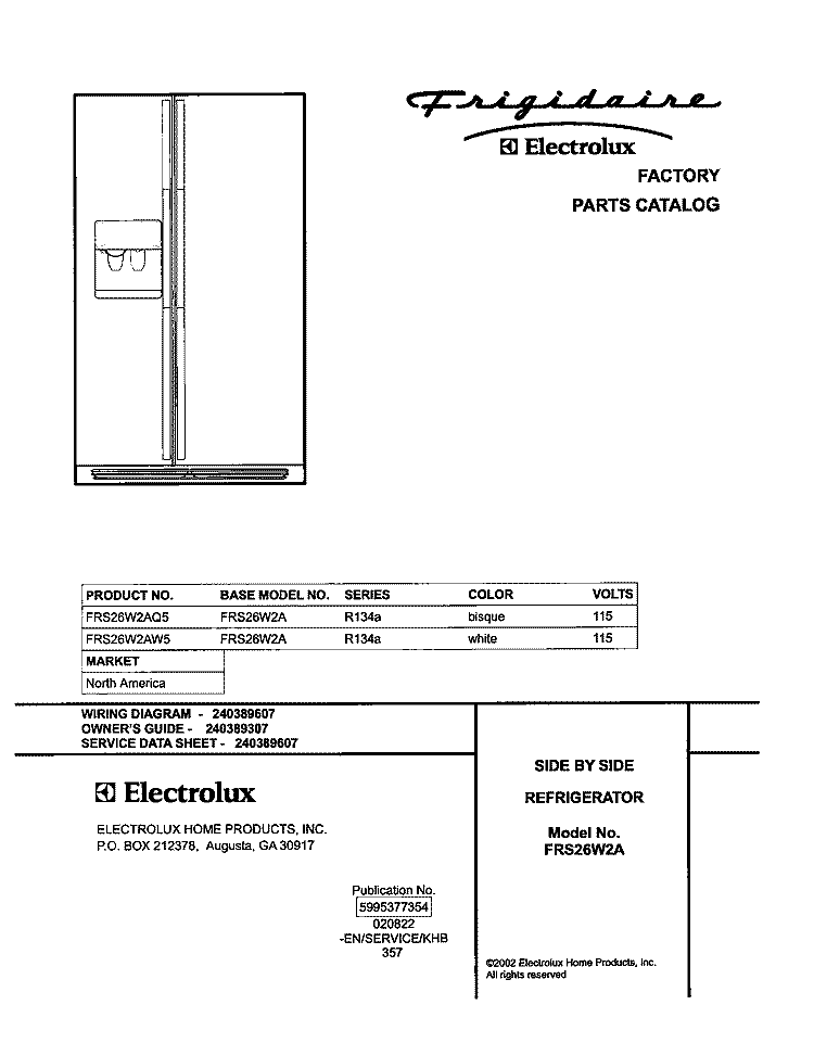 COVER Diagram and Parts List for FRS26W2AW5  Frigidaire Refrigerator