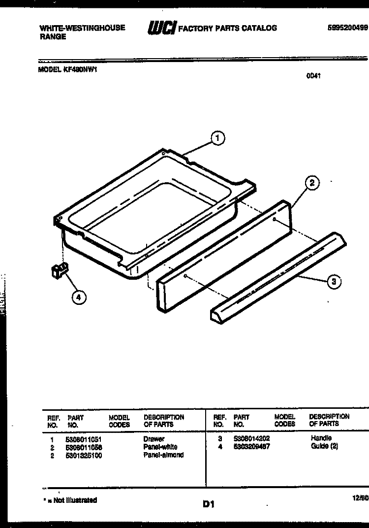DRAWER PARTS Diagram and Parts List for KF480NW1  Frigidaire Range