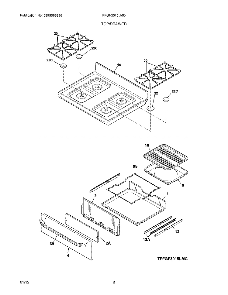TOP/DRAWER Diagram and Parts List for FFGF3015LMD  Frigidaire Range