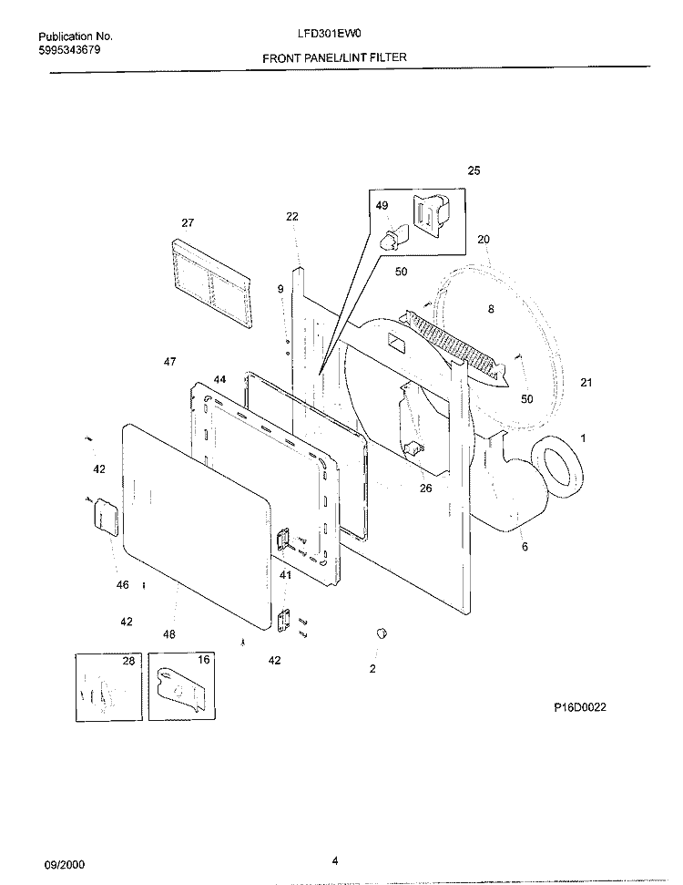 FRONT PANEL / LINT FILTER Diagram and Parts List for LFD301EW0  Frigidaire Dryer