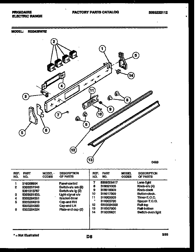 CONTROL PANEL Diagram and Parts List for REG435WRW2  Frigidaire Range