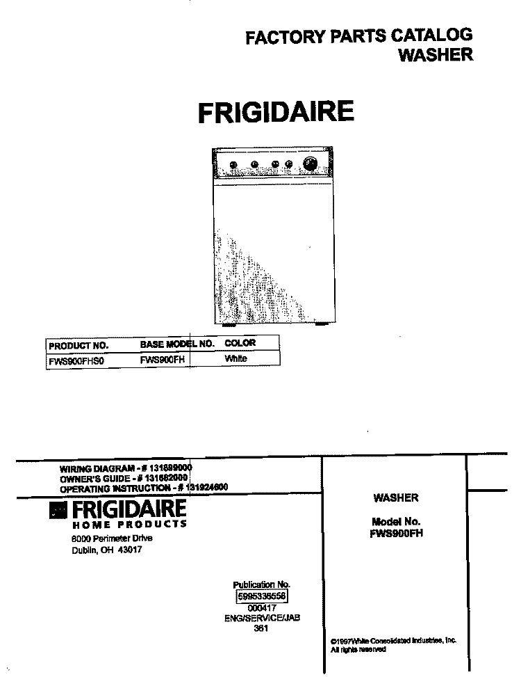 COVER Diagram and Parts List for FWS900FHS0  Frigidaire Washer