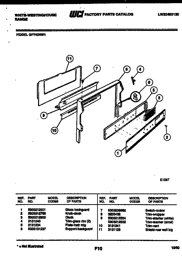 BACKGUARD Diagram and Parts List for GF740NW1  Frigidaire Range