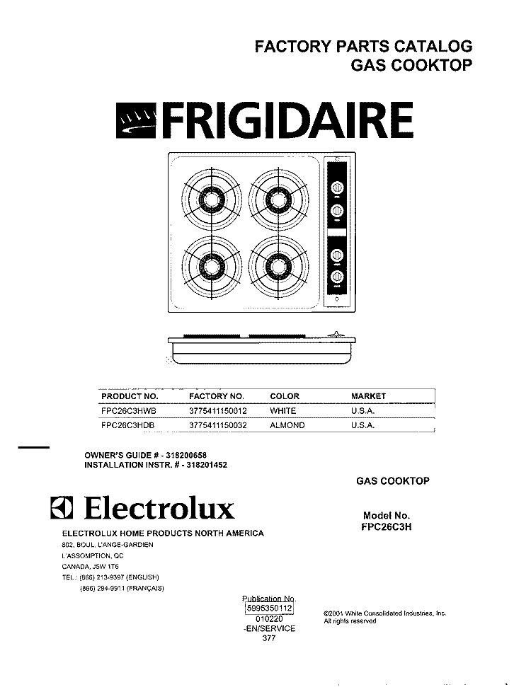 COVER Diagram and Parts List for FPC26C3HWB  Frigidaire Cooktop