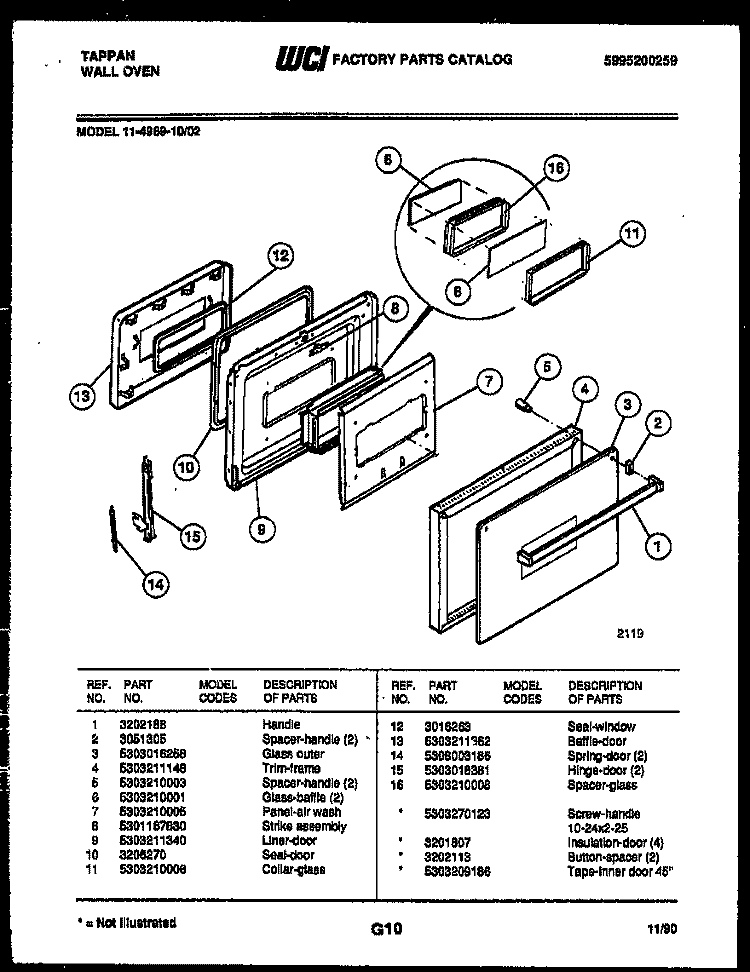 DOOR PARTS Diagram and Parts List for 11-4969-00-02  Tappan Wall Oven