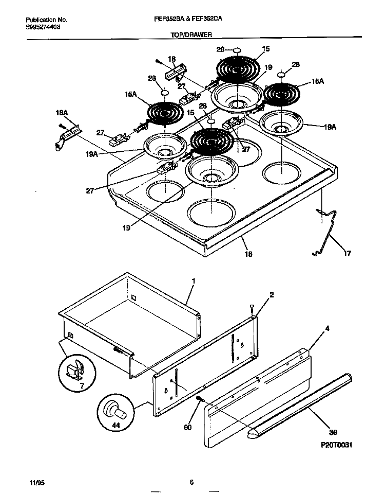 TOP / DRAWER Diagram and Parts List for FEF352CASD  Frigidaire Range