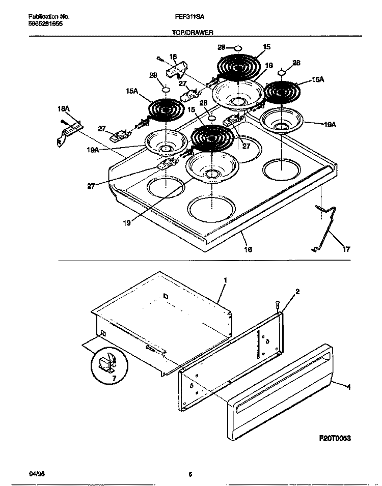 TOP / DRAWER Diagram and Parts List for FEF311SADE  Frigidaire Range