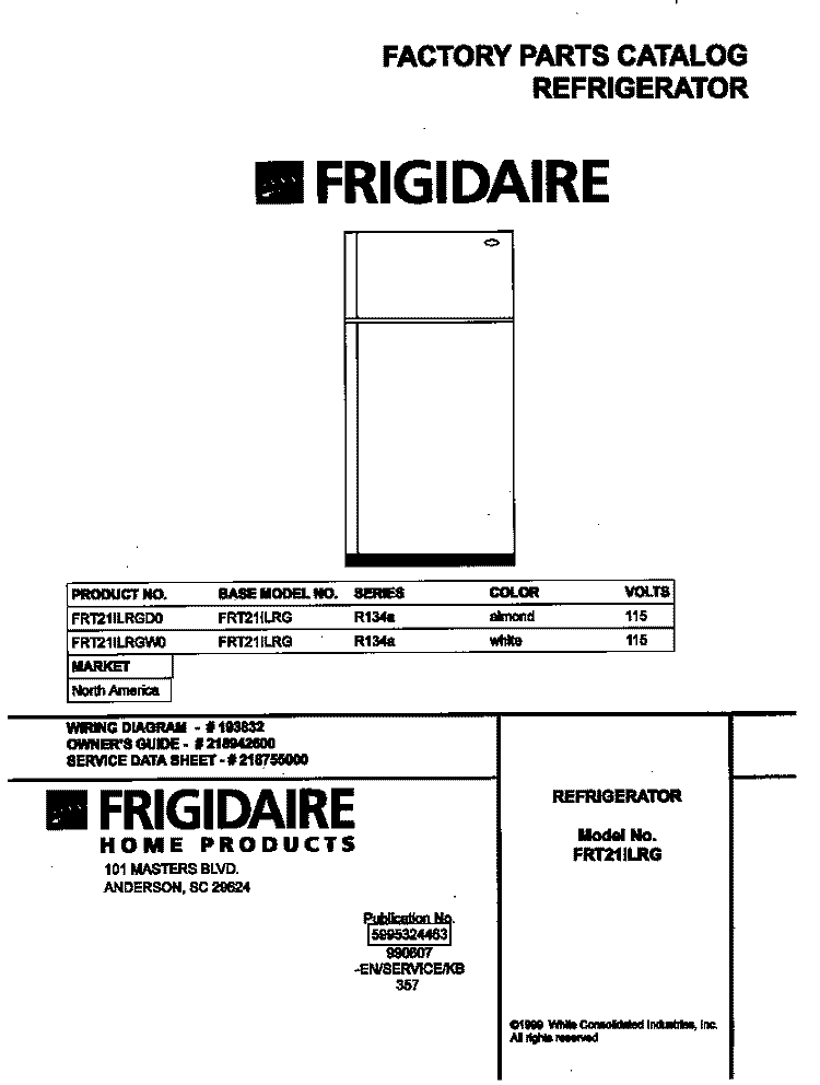 COVER Diagram and Parts List for FRT21ILRGW0  Frigidaire Refrigerator