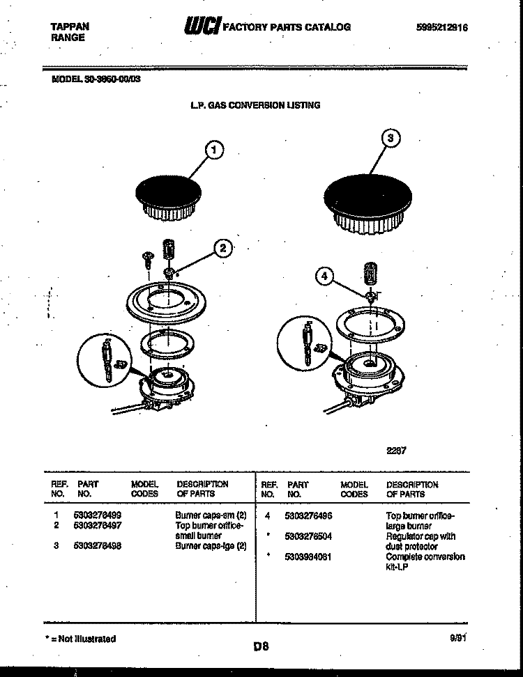 BURNER PARTS Diagram and Parts List for 30-3860-23-03  Tappan Range