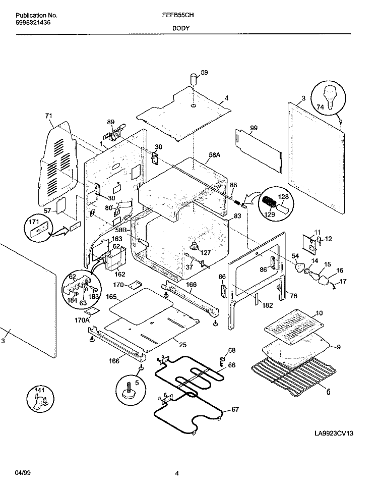 BODY Diagram and Parts List for FEFB55CHSA  Frigidaire Range