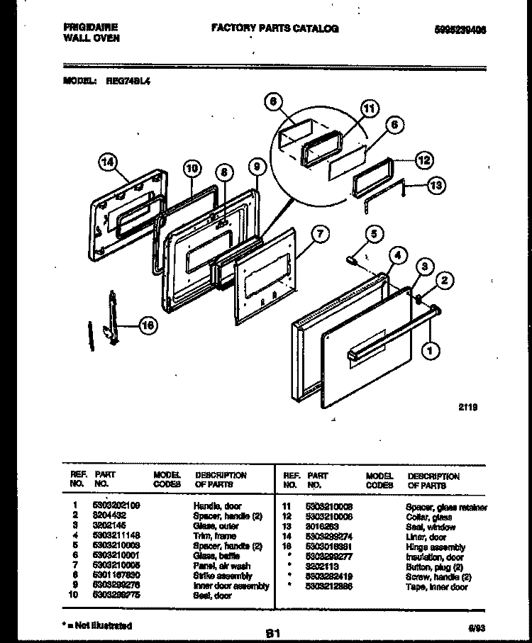 DOOR PARTS Diagram and Parts List for REG74BL4  Frigidaire Wall Oven