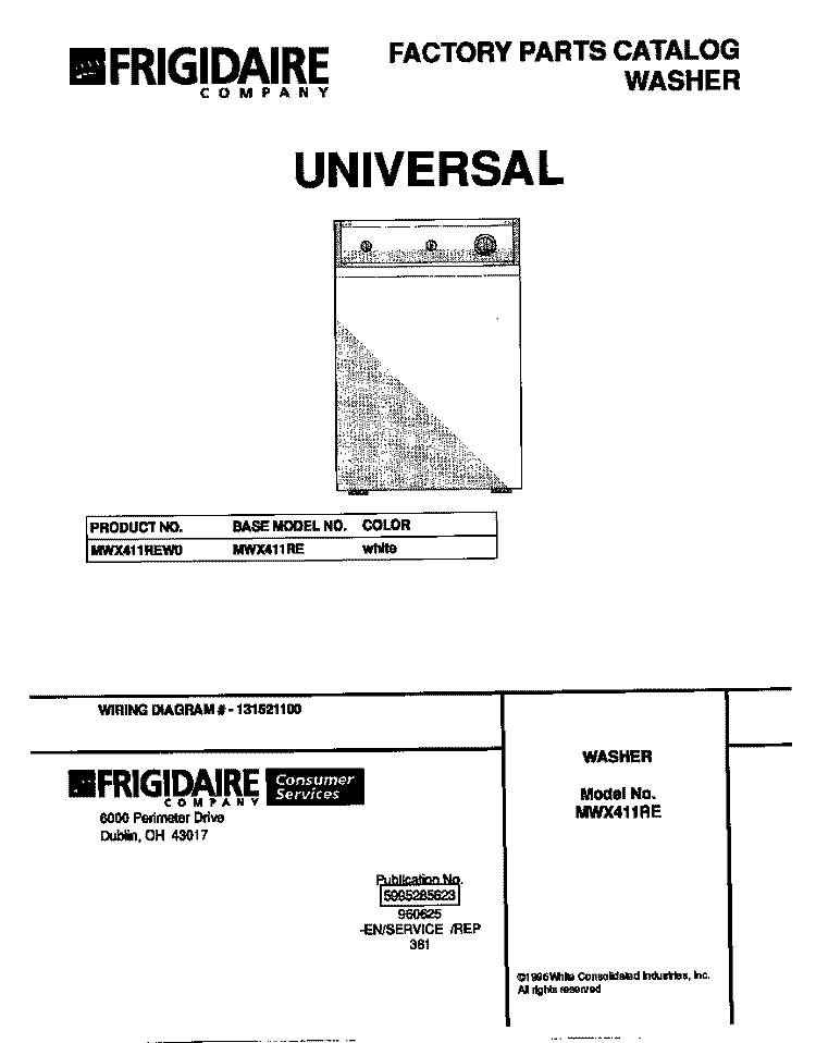COVER Diagram and Parts List for MWX411REW0  Frigidaire Washer