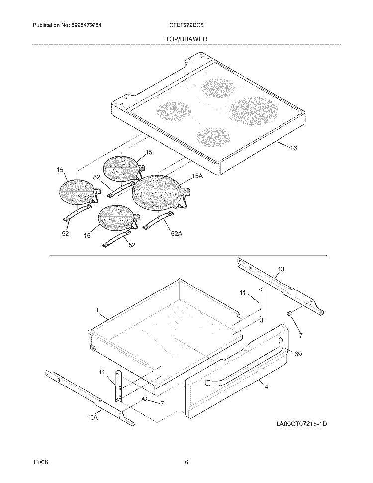 TOP / DRAWER Diagram and Parts List for CFEF272DC5  Frigidaire Range